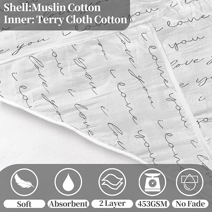 VOOVA & MOVAS 2Pack Neutral Baby Gifts - 100% Muslin Cotton Infant Hooded Beach Bath Towels,2 Layer, Thick, Durability, Absorbent Large for 0-18 Months, Golden Love & Grapheme Love Pattern