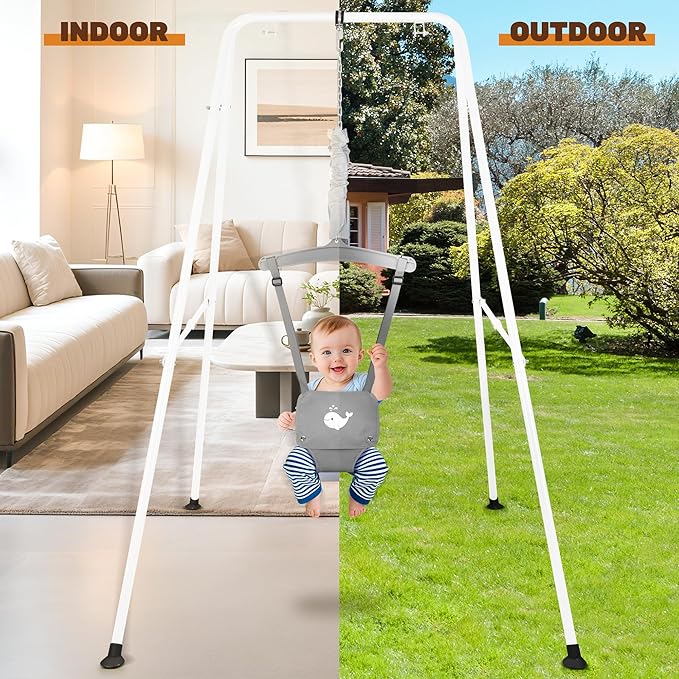 Baby Jumper with Stand, Foldable Activity Jumper for Infants, Height Adjustable Baby Bouncer No Doorway Needed Toddler Jumper, Portable Indoor Outdoor Baby Activity Center for 6-12 Months (Gray)