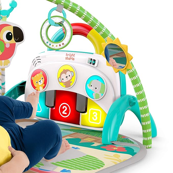 Bright Starts 4-in-1 Groovin’ Kicks Piano Gym, Tummy Time Play Mat & Activity Baby Toys, Green - Tropical Safari, Newborn to Toddler