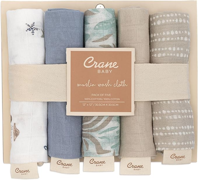Crane Baby Wash Cloth Set, 100% Cotton, Set of 5 Baby Washcloths, Sea Life Starfish Theme, Newborn Muslin Baby Washcloths, Baby Registry Gift