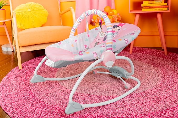 Bright Starts Disney Baby MINNIE MOUSE Infant to Toddler Rocker & Seat with Vibrations and Removable -Toy Bar, 0-30 Months Up to 40 lbs (Forever Besties)