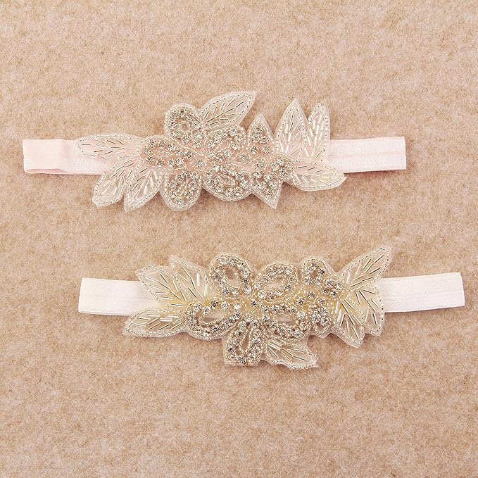 Nishine Girls White Rhinestone Flower Headband Pack Baby Christening Baptism Headband for Baby Shower Wedding Hair Accessories (Leaf Flower-White/Pink)