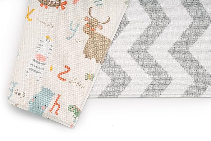 Baby Care Play Mat (Large, Zig Zag - Grey) 82'' x 55'' Original One-Piece Reversible Rollable Waterproof Play Mat for Infants, Babies, Toddler, and Kids