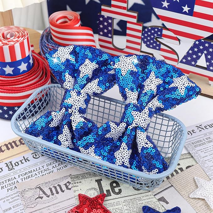 4th of July Hair Bows Clips Sparkly Cheer Sequins Bow Alligator Clips Hair Barrettes Kids Patriotic Bows for Girls Hair Accessories Star 2 Pcs
