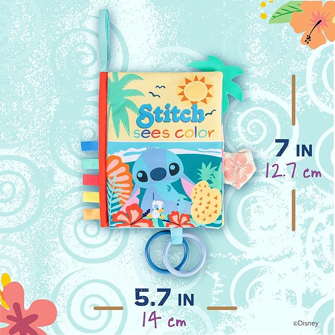 Kids Preferred Disney Baby Lilo & Stitch Sees Color Soft Book, On-The-Go Sensory Books for Babies with Crinkle Pages, Ribbons, Rings, Stroller Hook
