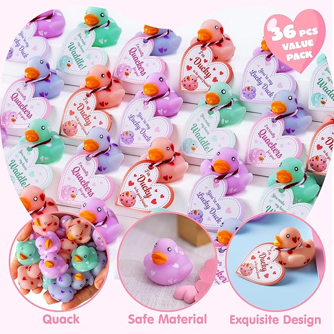 JOYIN 36 Pcs Valentine’s Day Mini Rubber Ducks with Cards for Kids, 4 Colors Duckies Bath Toys with 4 Card Designs for Classroom Exchange Prizes, Valentine Party Favors Toys