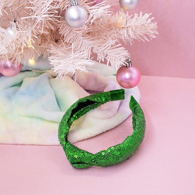 FROG SAC St. Patrick's Day Knot Headband for Girls, Green Sequin Knotted Hair Band Accessories for Kids, Sparkly Iridescent Little Girl Headbands for Children, Cute Sparkle Head Band