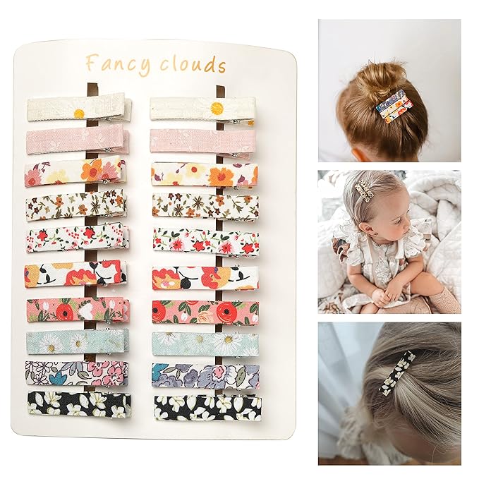 FANCY CLOUDS Hair Clips for Girls Women Toddler Baby,Assorted 20Pcs Flower Fabric Fully Lined Small Alligator Clips Hair Accessories for Teens Child Kids Gifts
