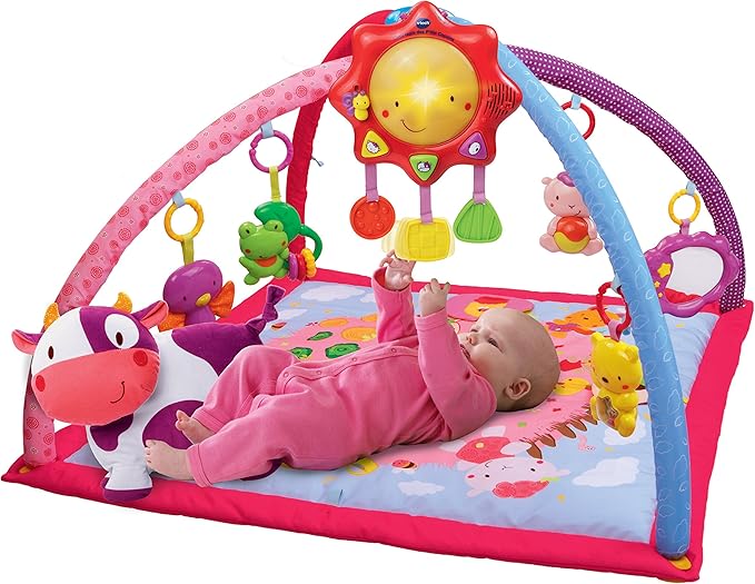 VTech - Lumi Tapis des P'tits Copains Rose, Musical and Evolutionary Play Mat, Activity and Development Toy, Rattles, Cow Plush, Baby Birth Gift - English Content