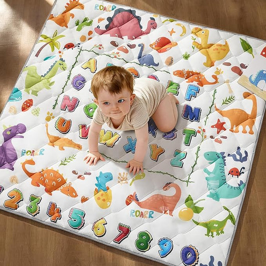Baby Play Mat for Floor - MORAIS 50x50 Inch with 800g Filling Thickened Crawling Mat for Playpen, Cushioned Playpen Mat with Anti-Slip Bottom and Animal Alphabet (Dinosaur Land)