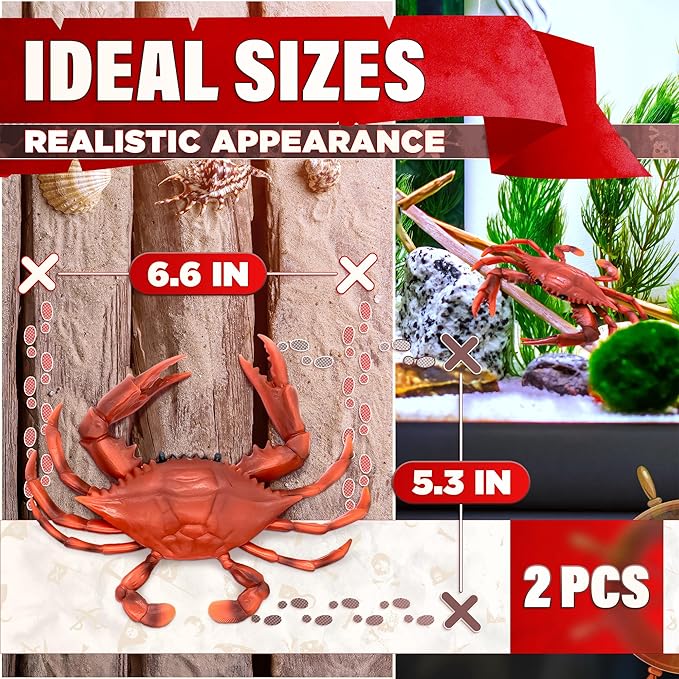 2 Pcs Red Plastic Crab Toy - Crab Decor with Realistic Marine Details, 6.6 X 5.3" Plastic Figurines - Ocean Style Decorations for Beach Theme Displays, Cake Toppers, Aquarium Decor & Seaside Events