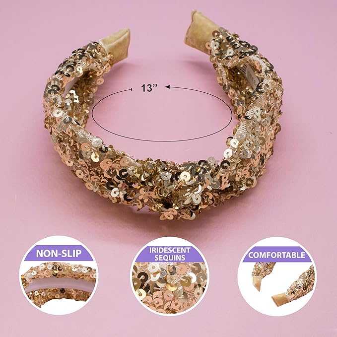 FROG SAC Sequin Knot Headband for Girls - Gold Knotted Head Bands for Kids, Sparkly Little Girl Headbands, Cute Tween Beaded Hair Band Accessories, Easter Basket Fillers Stocking Stuffers