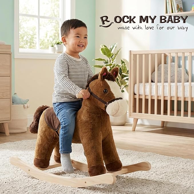 Rock My Baby Rocking Horse, Dark Brown Horse Rocker for Toddlers 18M+, Plush Ride on Horse Toy with Realistic Sound,Soft Stuffed Filling, CPC Certified