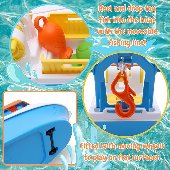Toyland® 40cm (16") Colourful Fishing Boat with Moveable Doors, Fishing Hook & 4 Plastic Fish - Kids Floating Water Toy - Pool & Bathtime Toys - 3 Years+