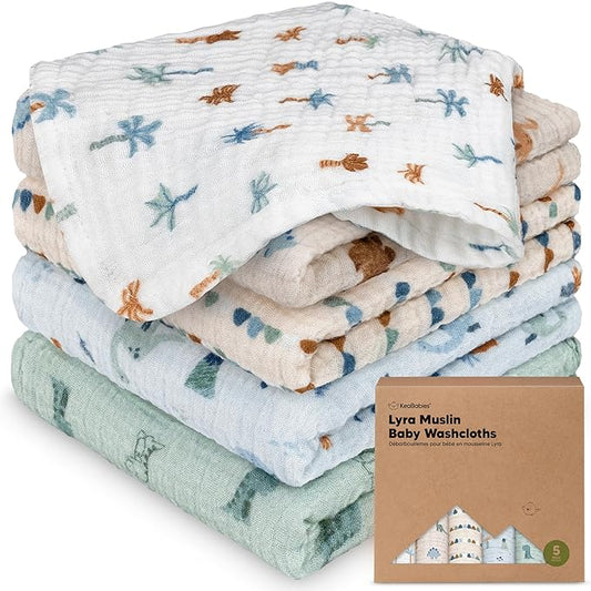 5-Pack Muslin Baby Washcloths for Newborn – 12x12" Soft Absorbent Organic Cotton Muslin Wash Cloths for Babies Girl, Boy, Infant, Toddlers, Kids Face Towel, Bath Essentials, Baby Burp Rags (Dino Park)