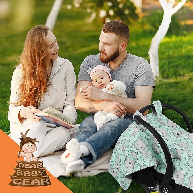 Dear Baby Gear Car Seat Cover for Boys & Girls - Baby Carseat Canopy w/Snap Opening - Infant Seat Cover - Nursing Covers - Newborn Carrier Canopy - 40x30 (Gray Elephants on Mint Foliage - Gray)