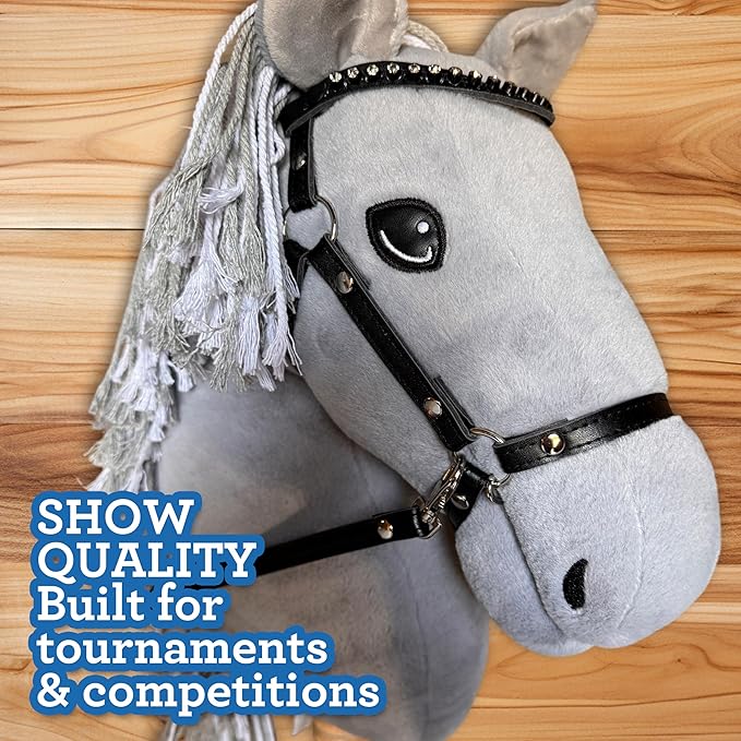 Playful Minds Large Hobby Horse for Kids and Adults – Show Quality with Rhinestone Studded Bridle, Removable Reins, and Long Mane – Plush Handmade Tournament Stick Horse, Grey