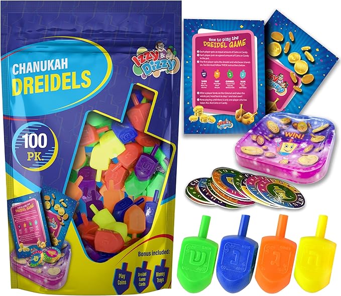 Izzy 'n' Dizzy 100 Medium Dreidels - Assorted Colors - Classic Chanukah Spinning Draidel Game and Prize - Bulk Value Pack