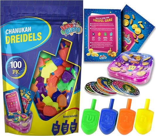 Izzy 'n' Dizzy 100 Medium Dreidels - Assorted Colors - Classic Chanukah Spinning Draidel Game and Prize - Bulk Value Pack