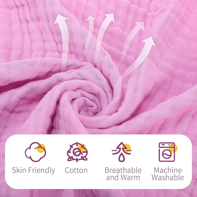 VitalCozy 6 Pcs Baby Muslin Hooded Bath Towels and Washcloths, Muslin Hooded Baby Towels Absorbent Blankets for Gift Newborn Infant Shower (White,Pink)