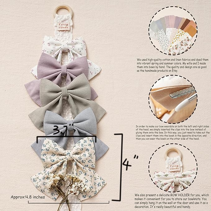 Hair Bows with Hair Clips for Girls Toddler Baby,Handmade 5" Flower Print Embroider Big Bows,FANCY CLOUDS Boutique Hair Accessorioes Gifts for School Kids
