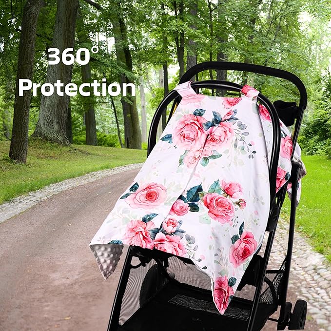 Baby Car Seat Cover,Carseat Covers Baby Girl, Multi-Use Minky Infant Canopy for Babies,Minky Infant Car Seat Cover Winter,Ultra-Soft Nursing & Stroller Cover,Pink Rose