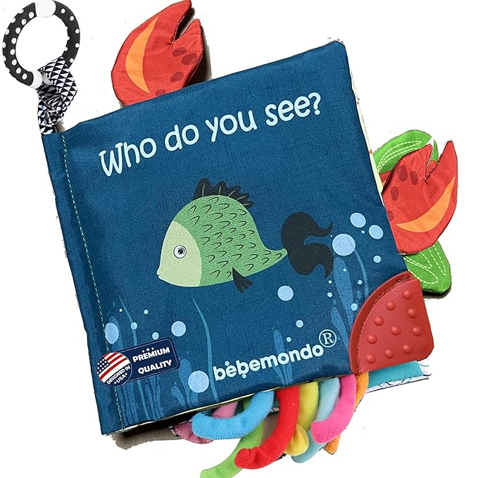 Fish Baby Books, Crinkle Books for Babies,Touch Feel,Infant Baby Toys 0-3 0-6 6-12 Months, Sensory Mirror Toys,Soft Teether,Teething,Shower Baby Easter Basket Stuffers,Baby Gifts for Boys Girls-Blue