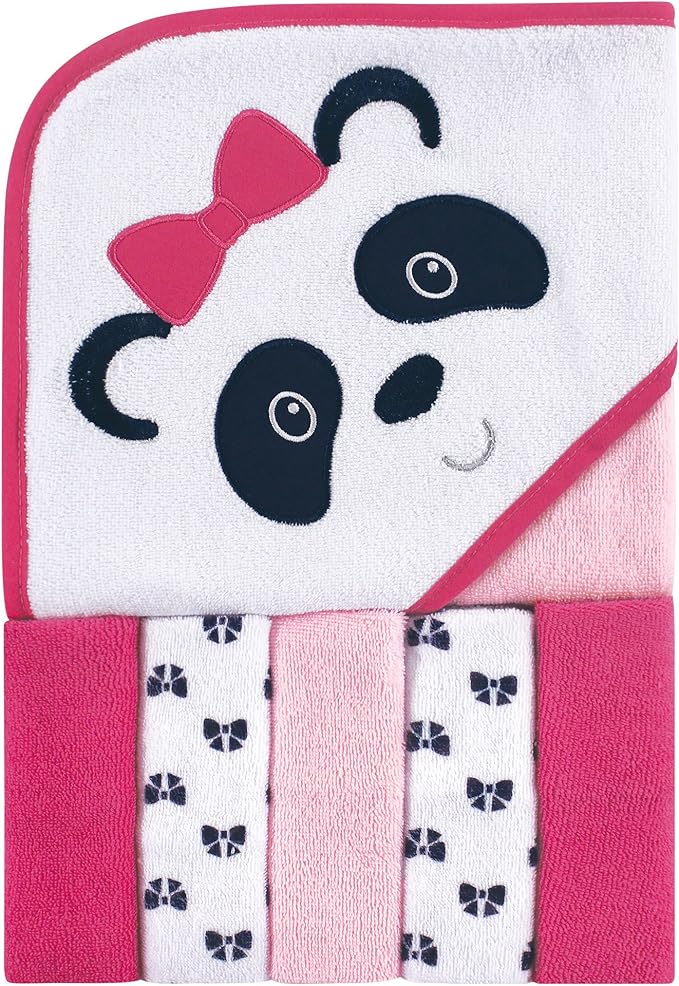 Luvable Friends Unisex Baby Hooded Towel with Five Washcloths, Panda, One Size