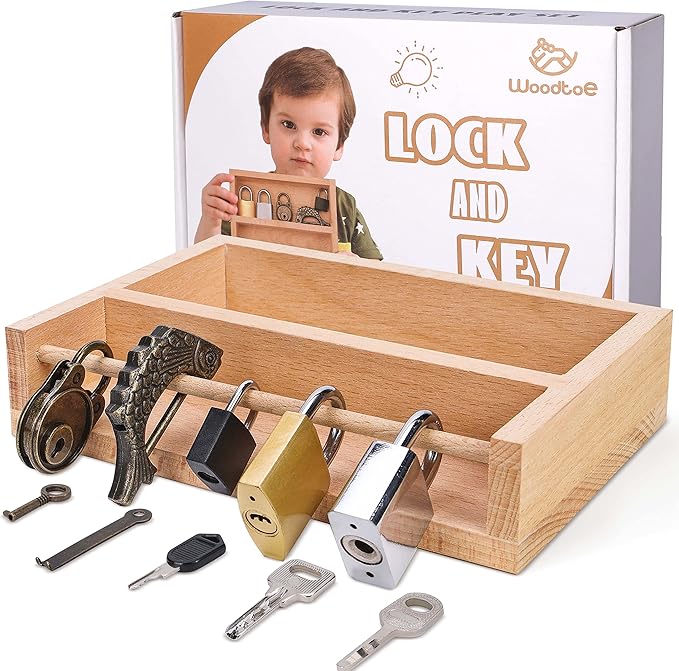 Woodtoe Montessori Lock and Key Toy Set for Kids, Educational Lock Set Keys, Wooden Montessori Materials for 3 4 5 6 Year Old, Preschool Home Classroom STEM Learning Birthday Toy Gift for Toddlers 3-6