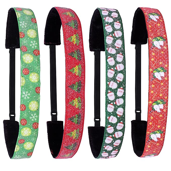 FROG SAC 4 Christmas Headbands for Girls, Adjustable No Slip Stretch Elastic Head Band for Kids, Thin Fabric Hair Accessories