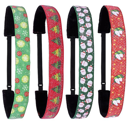 FROG SAC 4 Christmas Headbands for Girls, Adjustable No Slip Stretch Elastic Head Band for Kids, Thin Fabric Hair Accessories