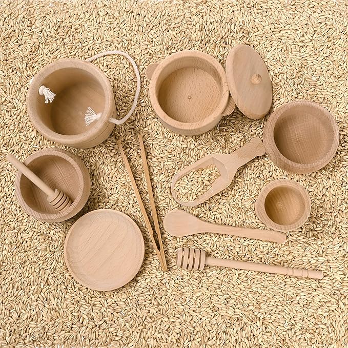 Montessori Sensory Bin Toys for 1 Year Old Toddlers, 11pcs Wooden Waldorf Toys - Wooden Scoops and Tongs for Transfer Work and Fine Motor Skills Development