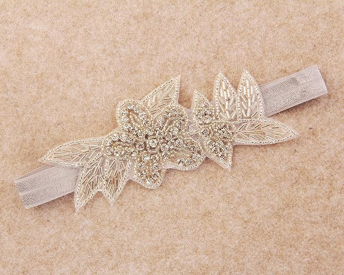 Nishine Girls White Rhinestone Flower Headband Pack Baby Christening Baptism Headband for Baby Shower Wedding Hair Accessories (Leaf Flower-Gray/Ivory)