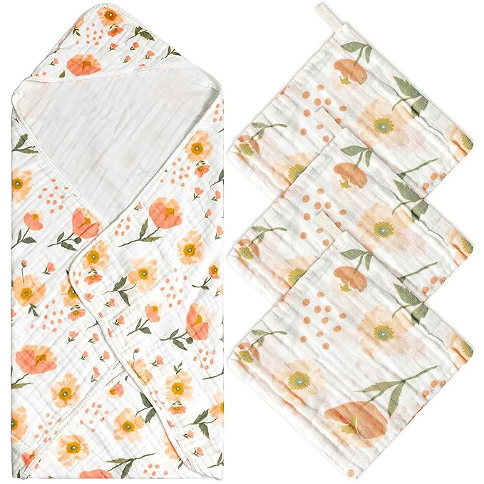 Zainpe 4Pcs Muslin Baby Hooded Towel & Washcloth Set, Spring Flowers Soft Absorbent Cotton Bath Hand Towels Infant Shower Gifts for Newborn Toddler Boys Girls Feeding Teething Sleeping 31.5 X 31.5 in