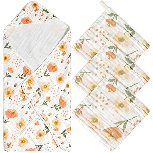Zainpe 4Pcs Muslin Baby Hooded Towel & Washcloth Set, Spring Flowers Soft Absorbent Cotton Bath Hand Towels Infant Shower Gifts for Newborn Toddler Boys Girls Feeding Teething Sleeping 31.5 X 31.5 in