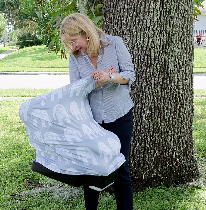 MoM-me Nursing Cover, Multi use for Baby Car Seat Cover, Breastfeeding, Canopy, Stroller and Infant Pillow Wrap or Cover Ups. for Boys and Girls. Grey/White Elephant Design