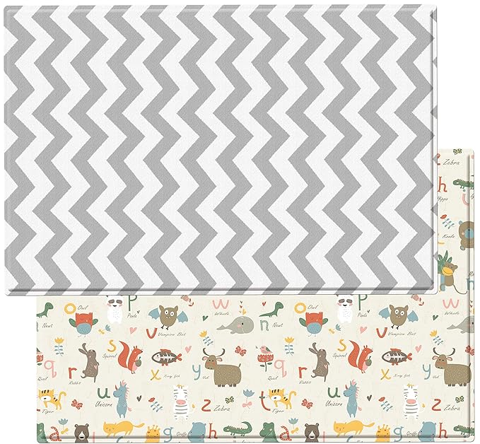 Baby Care Play Mat (Large, Zig Zag - Grey) 82'' x 55'' Original One-Piece Reversible Rollable Waterproof Play Mat for Infants, Babies, Toddler, and Kids