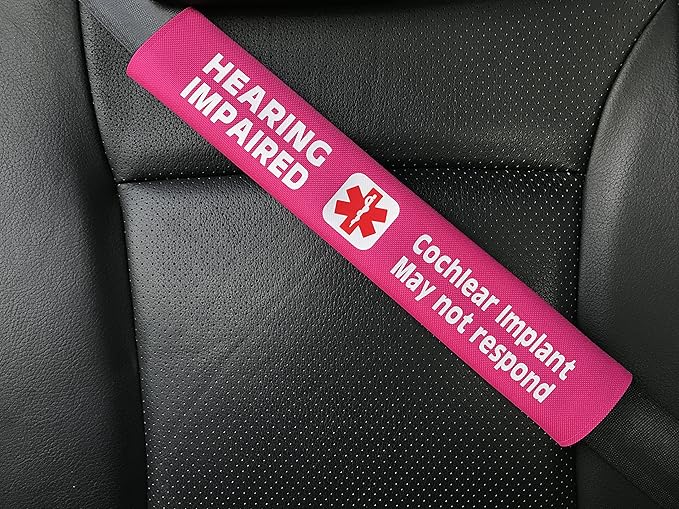 Hearing Impaired Cochlear Implant Medical Alert Seat Belt Cover (Pink)