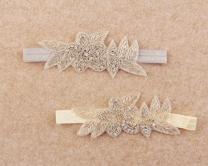 Nishine Girls White Rhinestone Flower Headband Pack Baby Christening Baptism Headband for Baby Shower Wedding Hair Accessories (Leaf Flower-Gray/Ivory)