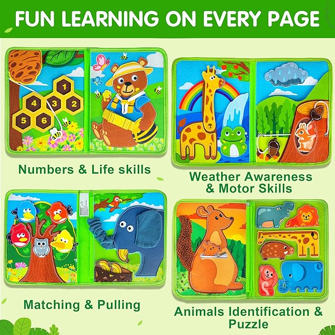 Quanquer Animal Busy Book for Toddlers 1-3 - Montessori Toys for 1 Year Old Boys and Girls, Educational Travel Toy for Airplane Car, Christmas Birthday Gifts for Toddlers