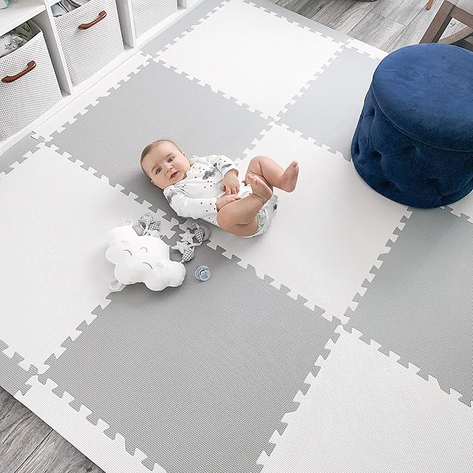 Extra Large Baby Play Mat Tiles Thick Foam Non-Toxic Floor Puzzle Mat Interlocking Activity Playmat for Infants Toddlers Kids Crawling Tummy Time 74x74 Inches (Grey/White)
