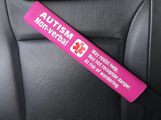 2 Pack Autism Non-Verbal Medical Alert Seat Belt Covers (Bright Pink)