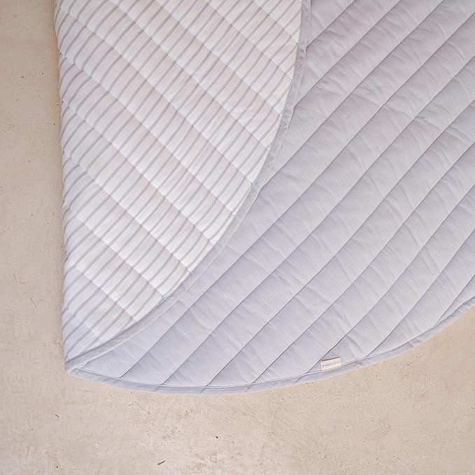 Toddlekind Organic Cotton Reversible Play Mat – 48" Handmade Blanket for Floor Activities, Tummy Time, Nursery Decor, and Family Comfort 0m+ Stone Stripes (Gray)